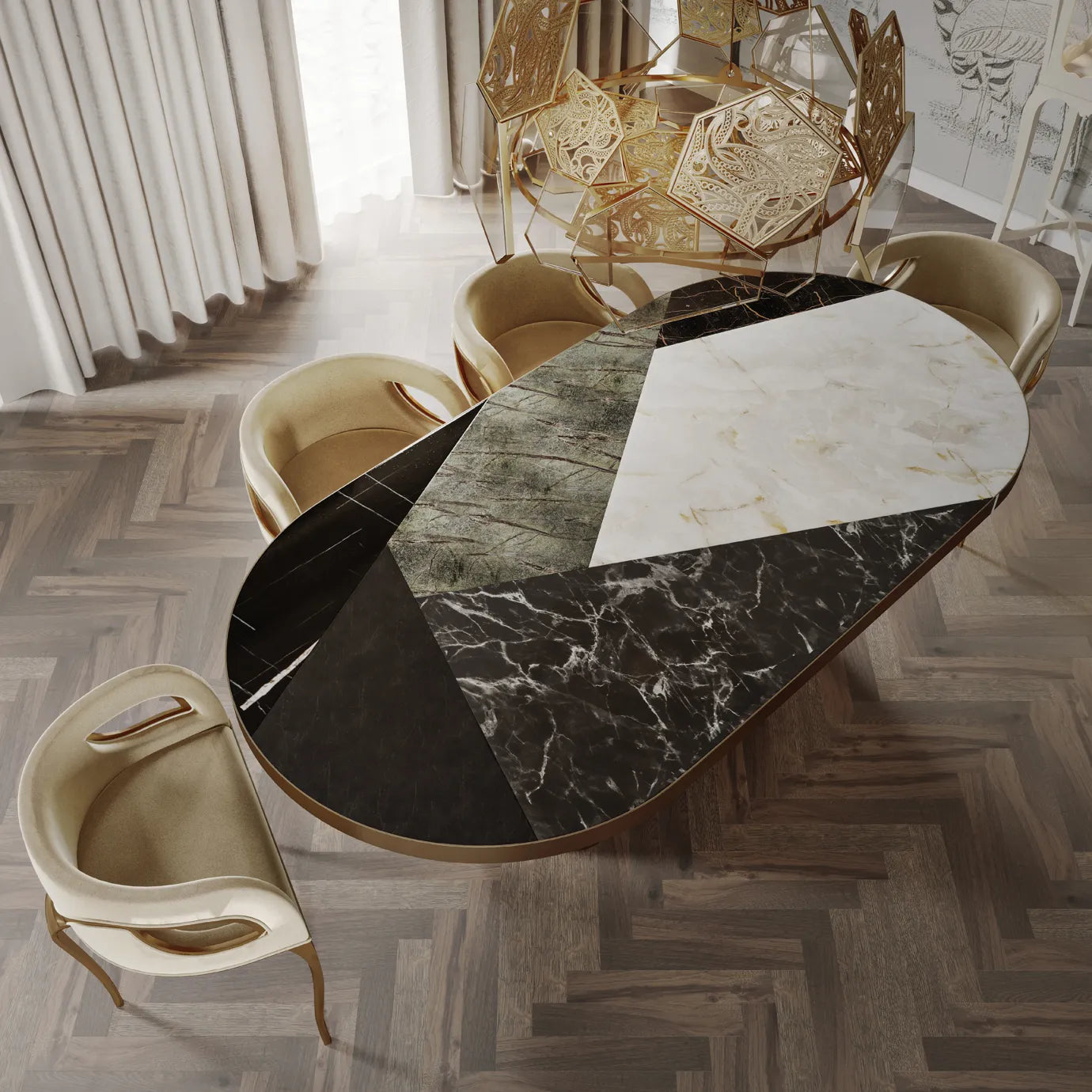 Decodiva Golden & Spider Marble Dining Table