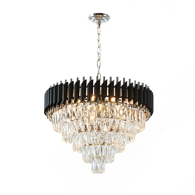 Round Black & Chrome Chandelier With Clear Hanging Crystals