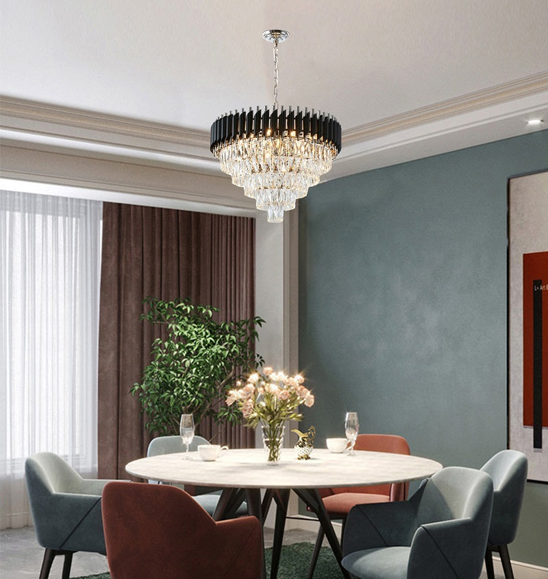 Round Black & Chrome Chandelier With Clear Hanging Crystals
