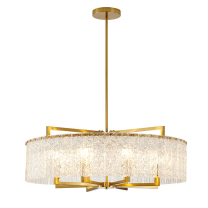 Round Brass Frame Chandelier with Clear Hanging Rippled Glass