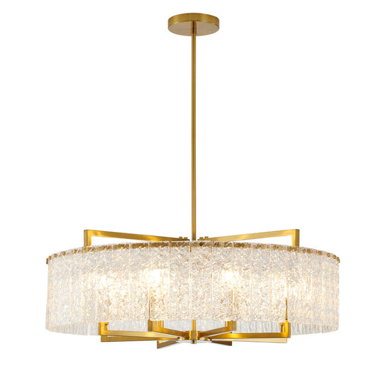 Round Brass Frame Chandelier with Clear Hanging Rippled Glass