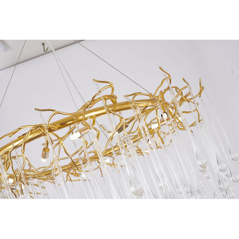 Gold Aluminium Chandelier With Clear Glass Hanging Drops