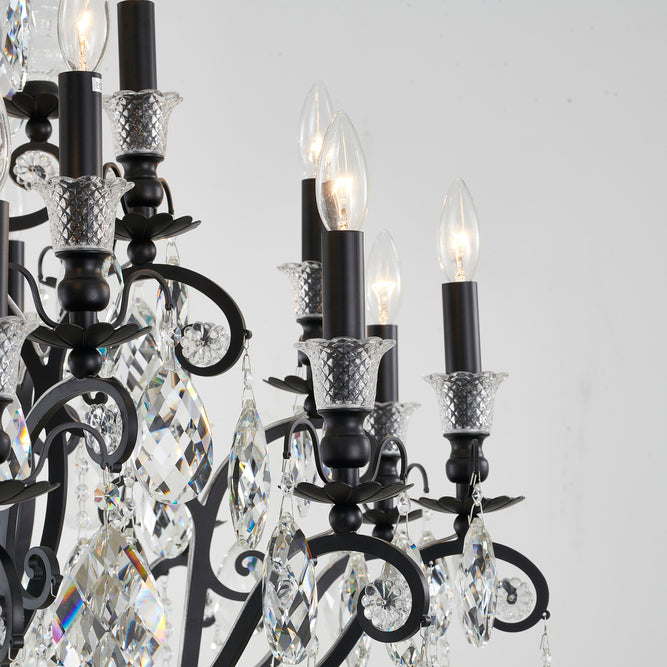 3 Tier Matte Black Chandelier with Clear Hanging Crystals