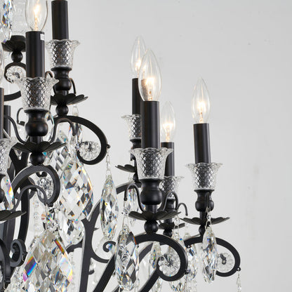 3 Tier Matte Black Chandelier with Clear Hanging Crystals