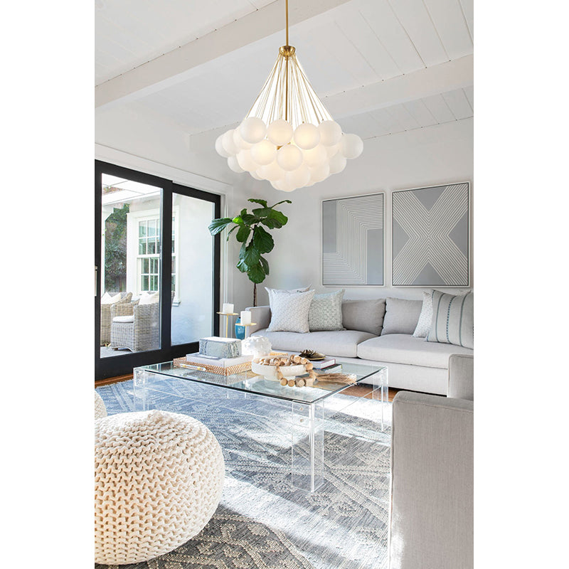Gold Plated Frame Chandelier featuring White Frosted Glass Hanging Shades
