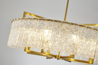 Round Brass Frame Chandelier with Clear Hanging Rippled Glass