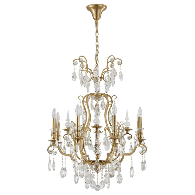 Antique Brass Frame Chandelier with Clear Hanging Crystals