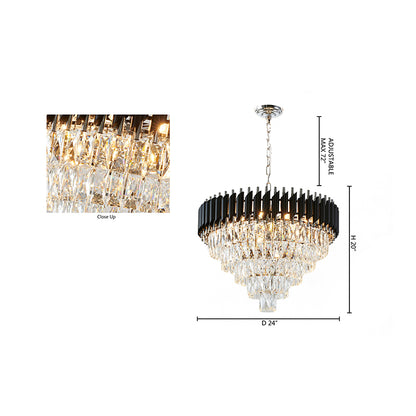 Round Black & Chrome Chandelier With Clear Hanging Crystals