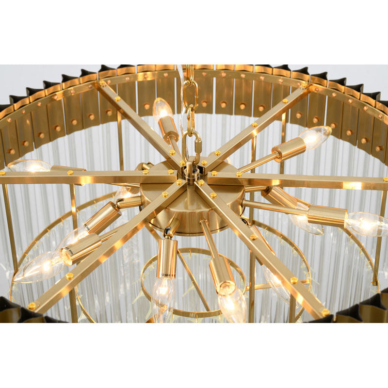 Round Brass Chandelier With Clear Hanging Crystals