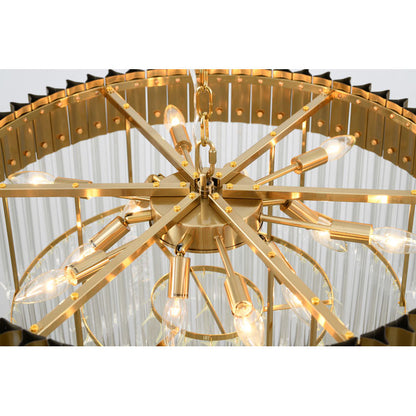 Round Brass Chandelier With Clear Hanging Crystals