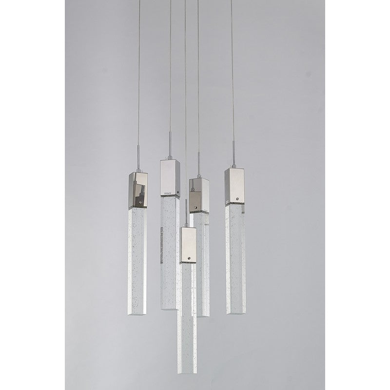 Flushed Chrome Frame Chandelier with Hanging Clear Block Crystal Pendants