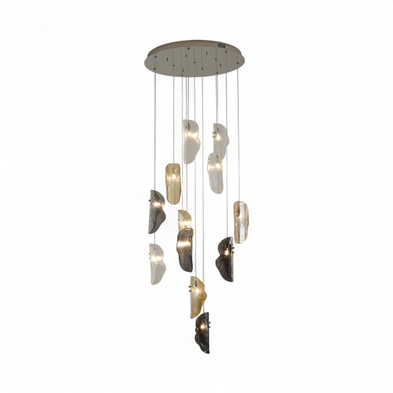 Chrome Metal Frame Chandelier With Clear, Smoke and Amber Glass Pendants