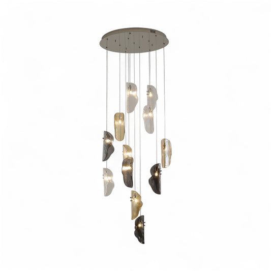 Chrome Metal Frame Chandelier With Clear, Smoke and Amber Glass Pendants