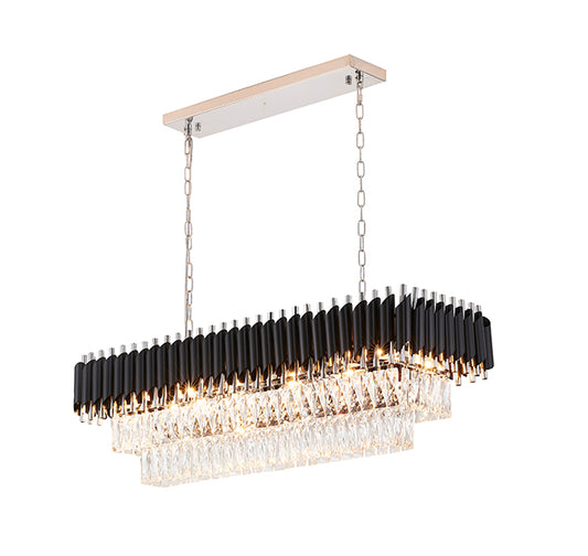 Black & Chrome Rectangular Chandelier With Clear Hanging Crystals