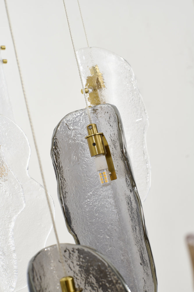 Brass Metal Frame Chandelier with Clear, Smoke, and Amber Glass Pendants