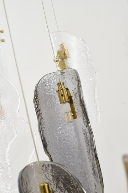 Brass Metal Frame Chandelier with Clear, Smoke, and Amber Glass Pendants