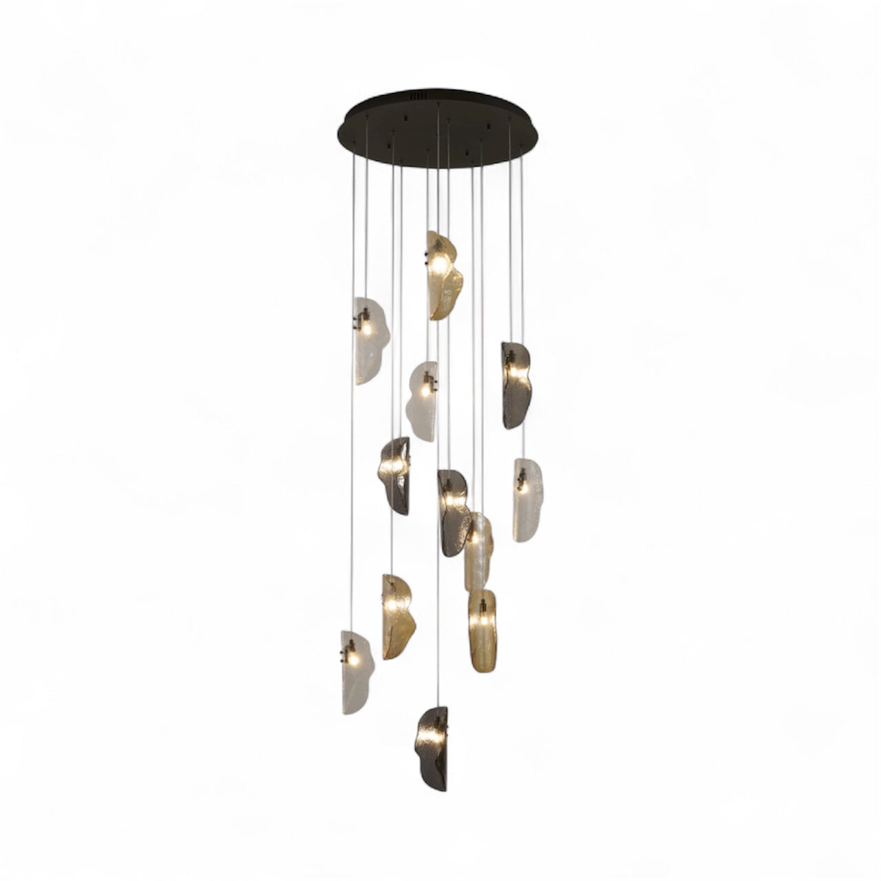 Black Metal Frame Chandelier with Clear, Smoke, and Amber Glass Pendants