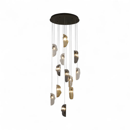 Black Metal Frame Chandelier with Clear, Smoke, and Amber Glass Pendants