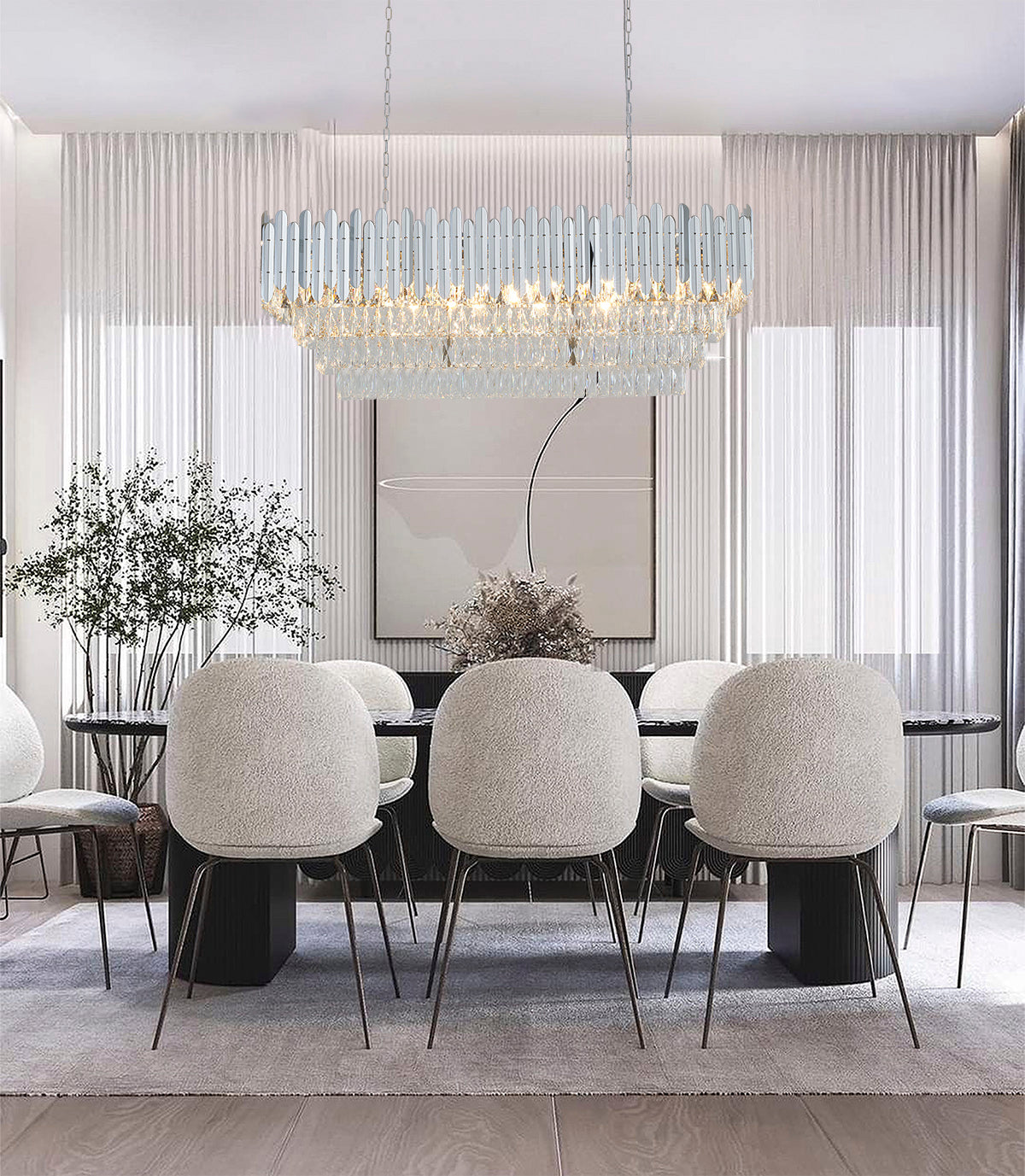 Rectangular Chandelier With Clear Hanging Crystals