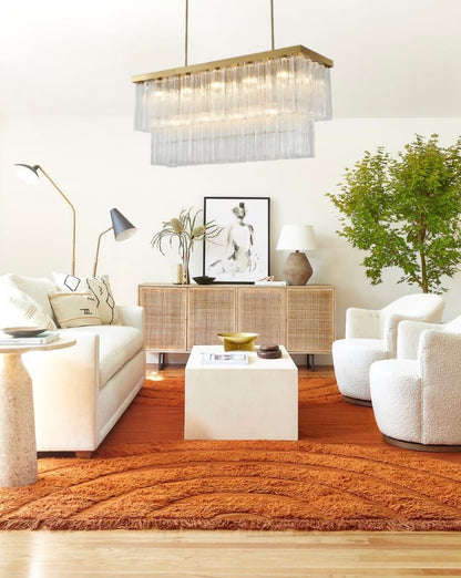 Satin Brass Rectangular Chandelier with Clear Ribbed Glass
