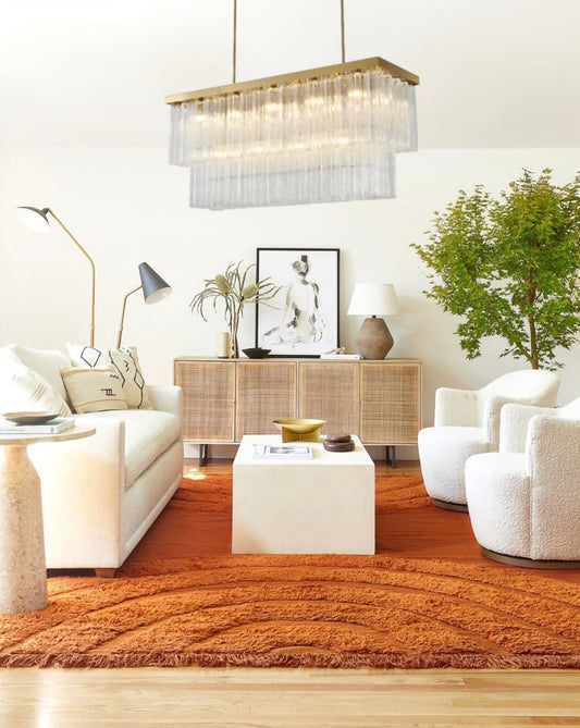 Satin Brass Rectangular Chandelier with Clear Ribbed Glass