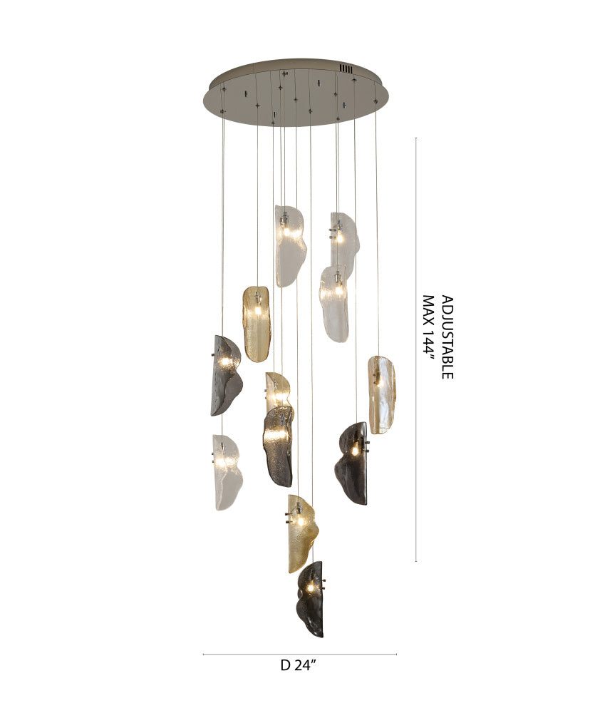 Chrome Metal Frame Chandelier With Clear, Smoke and Amber Glass Pendants