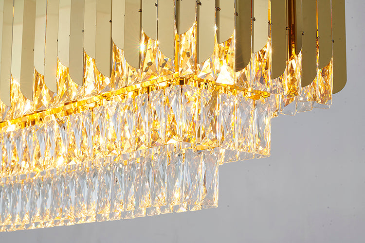 Gold Rectangular Chandelier With Clear Hanging Crystals