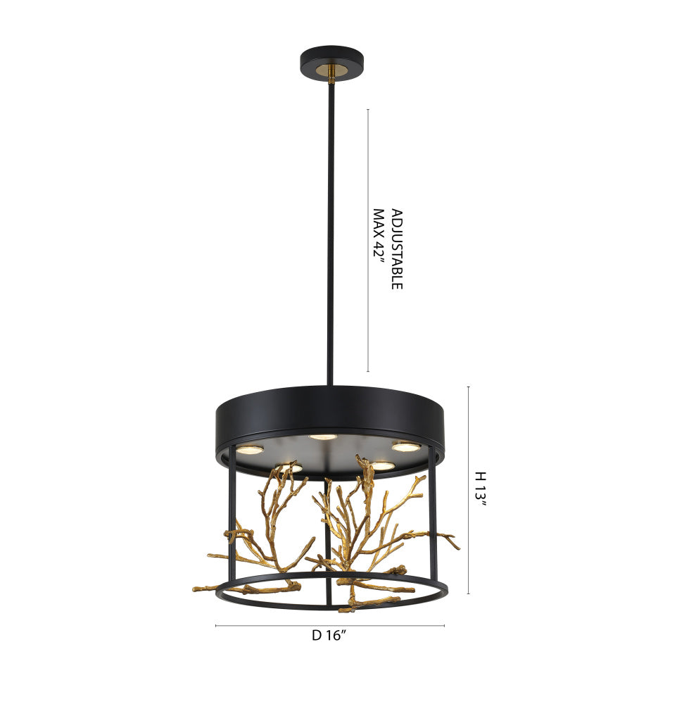 Matte Black Pendant Light with Gold Branch Accent
