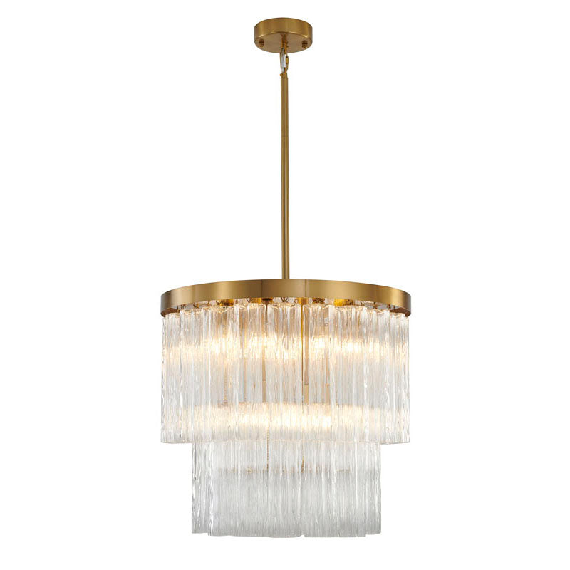 Round Satin Brass Chandelier With Clear Hanging Ribbed Glass