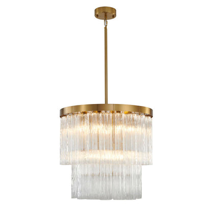 Round Satin Brass Chandelier With Clear Hanging Ribbed Glass