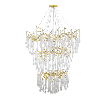 3 Tier Gold Solid Brass Frame Chandelier with Clear Glass Hanging Drops