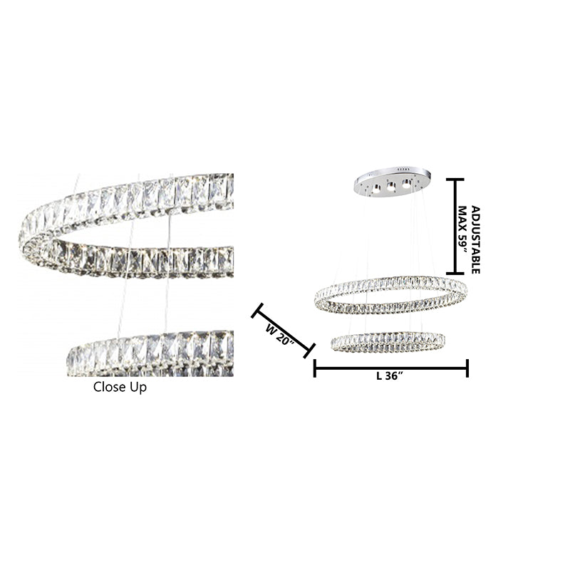 Chrome LED Chandelier – Triple-Sided Clear Crystal Double Ring Pendant Light