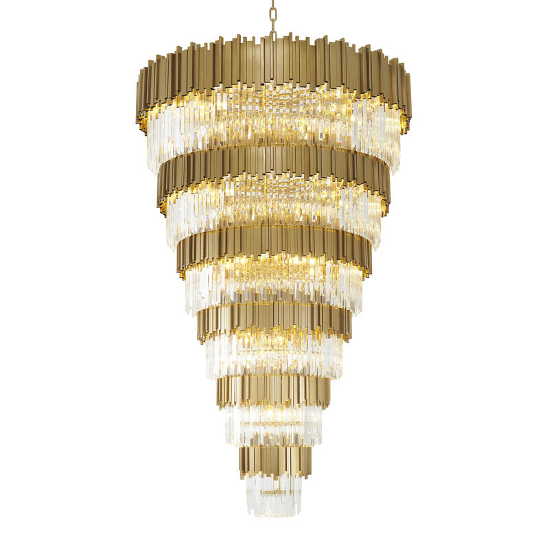Six Tier Brushed Brass Chandelier With Clear Hanging Crystals