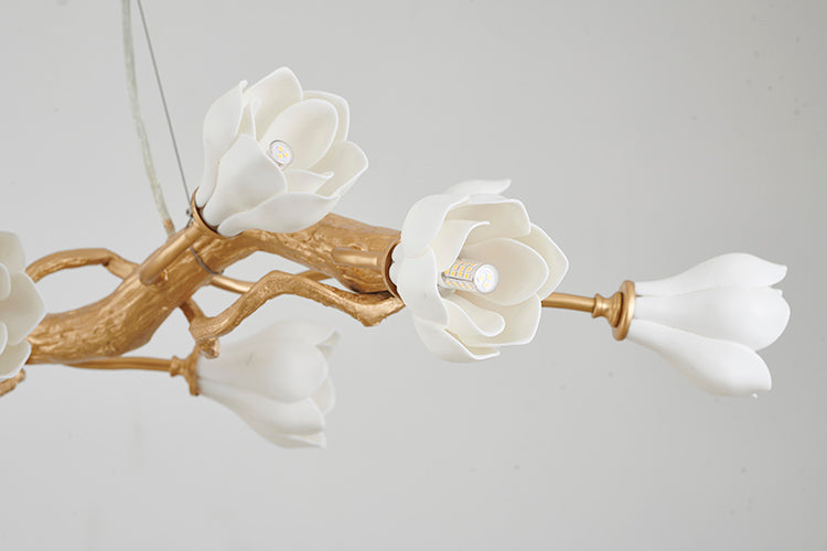 Gold Branch Chandelier WITH White Ceramic Flower Shades