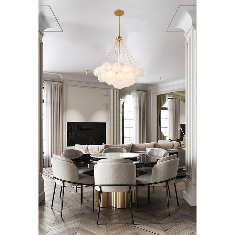 Gold Plated Frame Chandelier featuring White Frosted Glass Hanging Shades