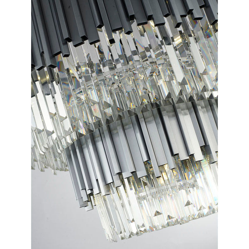 Two Tier Stainless Steel Hairlines Chandelier With Clear Hanging Crystals
