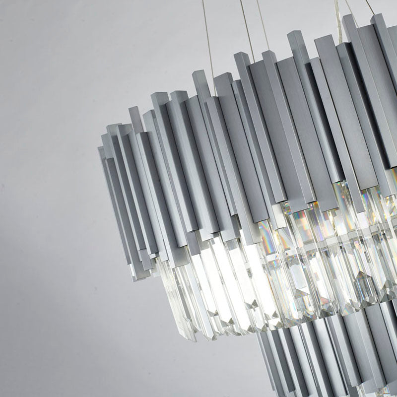 Two Tier Stainless Steel Hairlines Chandelier With Clear Hanging Crystals