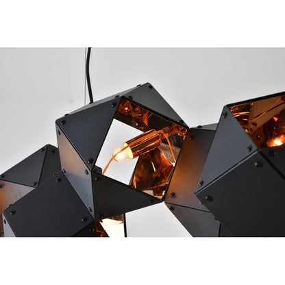 Black Block Framed Chandelier With A Reflective Copper Interior