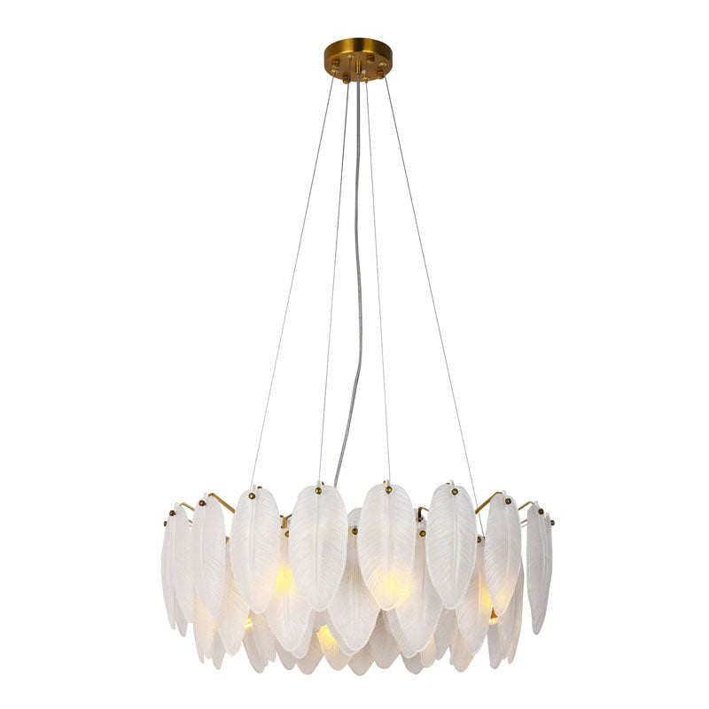 Round Brass Chandelier With Hanging Frosted White Glass Leafs