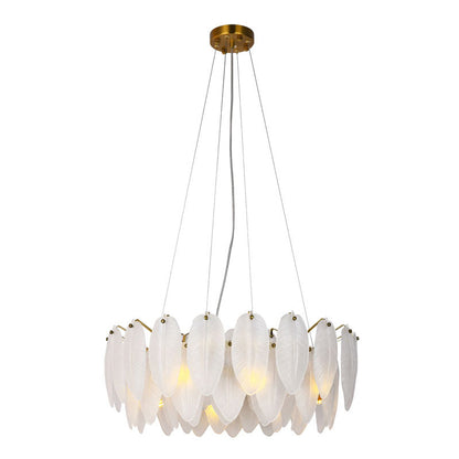 Round Brass Chandelier With Hanging Frosted White Glass Leafs