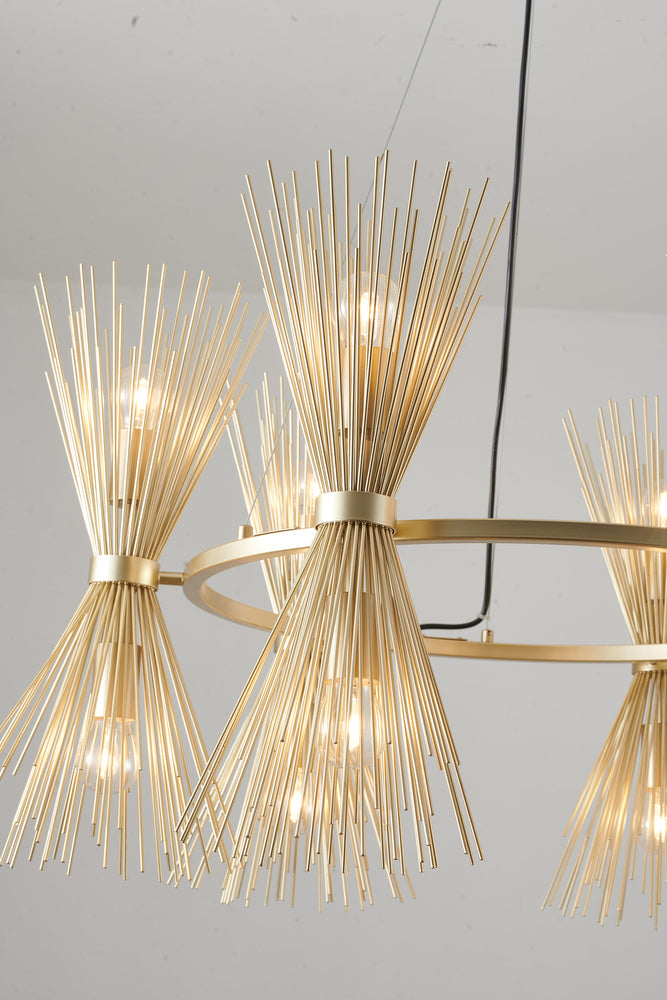 Round Gold Iron Frame Chandelier with Spiked Cone Shades