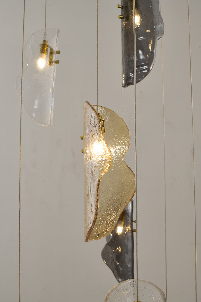 Brass Metal Frame Chandelier with Clear, Smoke, and Amber Glass Pendants