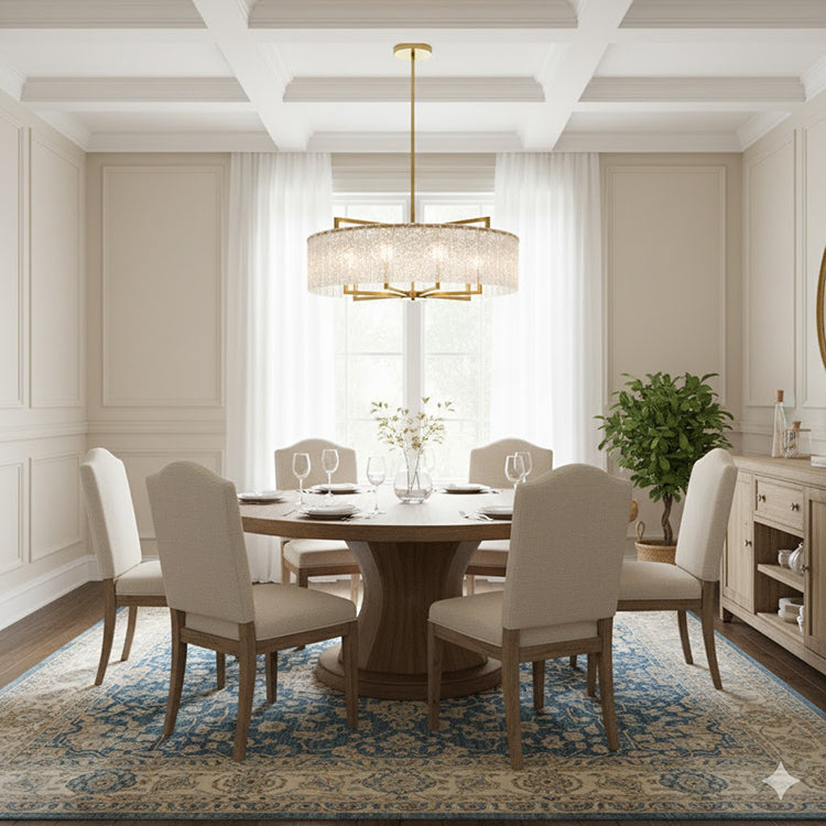 Round Brass Frame Chandelier with Clear Hanging Rippled Glass