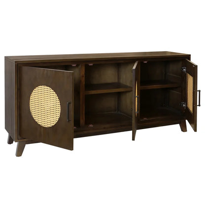 Mahogany and Rattan Mid-century Modern 3 Door Sideboard