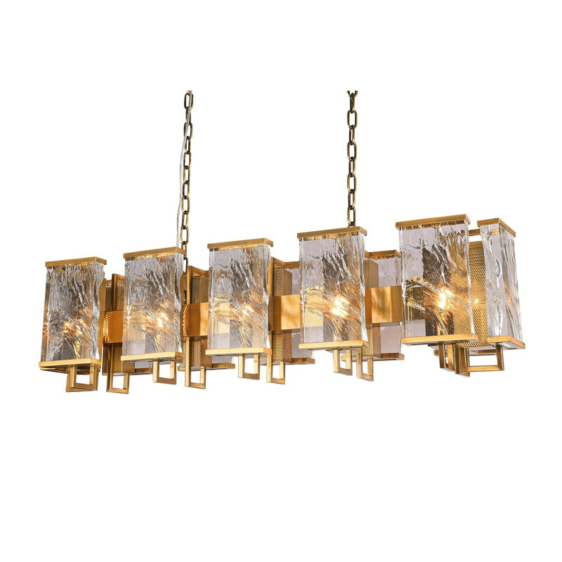 Brass Rectangular Chandelier With Clear Distorted Crystal Plaques