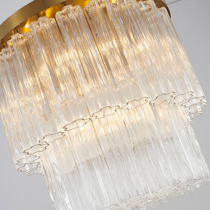 Round Satin Brass Chandelier With Clear Hanging Ribbed Glass