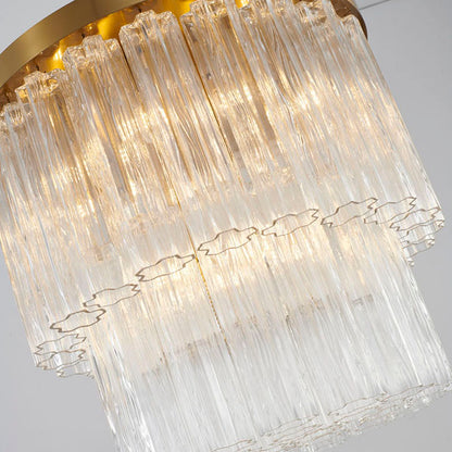 Round Satin Brass Chandelier With Clear Hanging Ribbed Glass