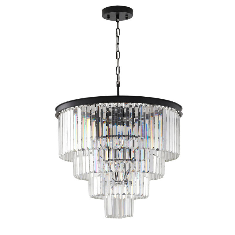Four Tier Black Chandelier With Clear Hanging Crystals