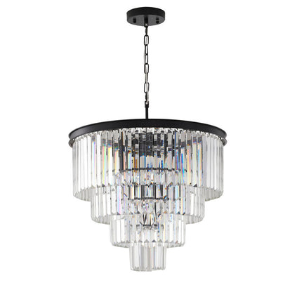 Four Tier Black Chandelier With Clear Hanging Crystals