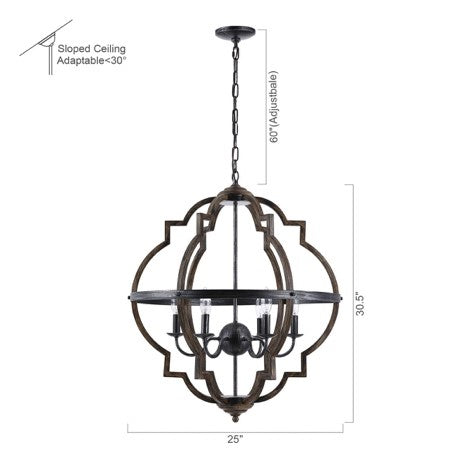 Lámpara de araña geométrica Cambon de 6 luces en madera cepillada y color negro envejecido